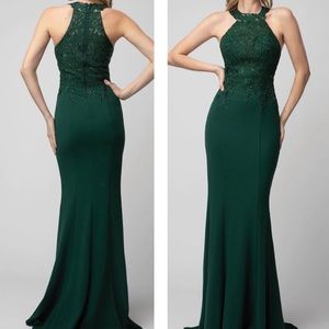 Juno 934 Halter High-Neck Embroidered Lace Long Mermaid Dress